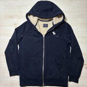 Abercrombie & Fitch Men's Navy-Blue Sherpa-Lined Full-Zip Hoodie Size XS